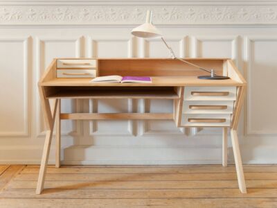 Bureau Origami en chêne - 5 tiroirs - crème