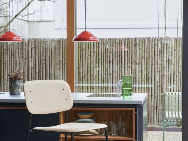 5_Soft Edge 10 Bar Stool High wb lacquer oak black base_Pao Steel Pendant small red.jpg