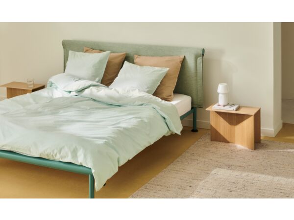 5_Tamoto Bed Metaphor 023 headboard_mint turquoise powder coated frame_Slit Table Wood Oblong wb lacquer oak_Apollo Portable.jpg