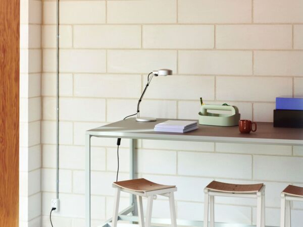 5_Taburete 8 Bar Stool H75 wb lacquered oak veneer seat eggshell powder coated base_Cupola Desk Lamp clear anodised.jpg