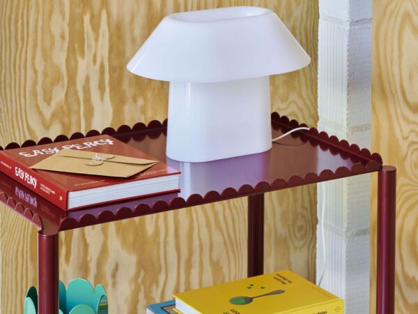 5_Drome Table Lamp white opal acrylic_Arcs Trolley High auburn red_Arcs Vase green.jpg