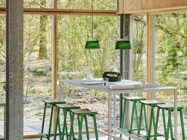 5_Taburete 8 Bar Stool H75 wb lacquered oak veneer seat soft jade powder coated base_Brim Pendant 245 bottle green glass.jpg