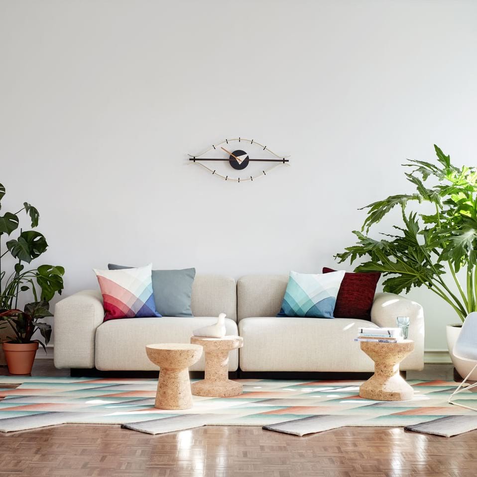 SoftModularSofa_EamesPlastic_LAREyeClock_Herringbone_Pillows_L'oiseau_Cork